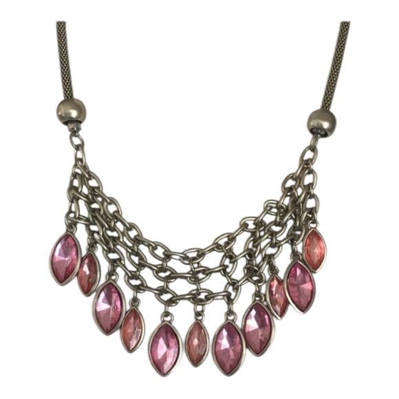Retro Silver Toned Multicolored Pink Glass Dangling Beads Statement Bib Necklace - Picture 6 of 7